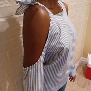 Pinstriped long sleeve, open shoulder shirt